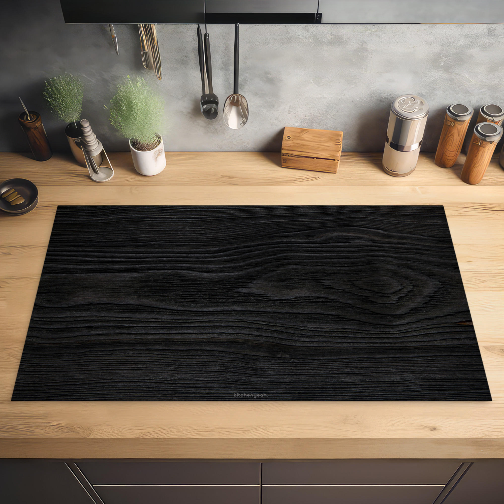 HERDABDECKPLATTE Schwarz - Holzoptik 89x51 cm - Schwarz, Kunststoff (89.6/0.2/51.6cm) - MuchoWow