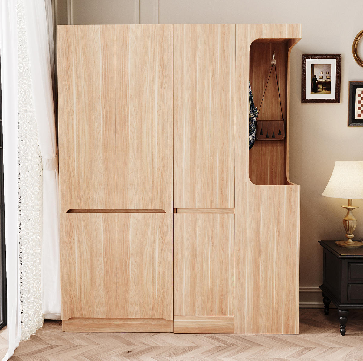 KLEIDERSCHRANK aus Kiefernholz, Sperrholz und MDF 162,5x40x170 cm Holzfarbe mit Schubladen, Staufächern und offenem Hängebereich - Nussbaumfarben, Holzwerkstoff (162.5/170/40cm) - Modfu