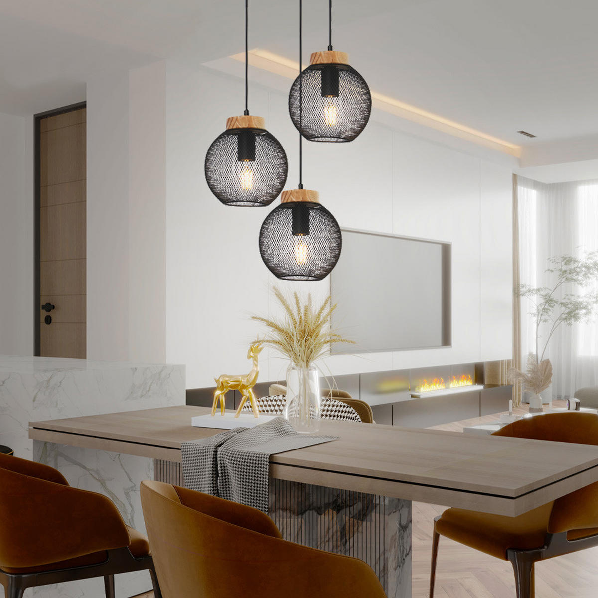 HÄNGELEUCHTE Metall Drahtgeflecht Schwarz - Schwarz, Holz (44/44/120cm) - Globo Lighting