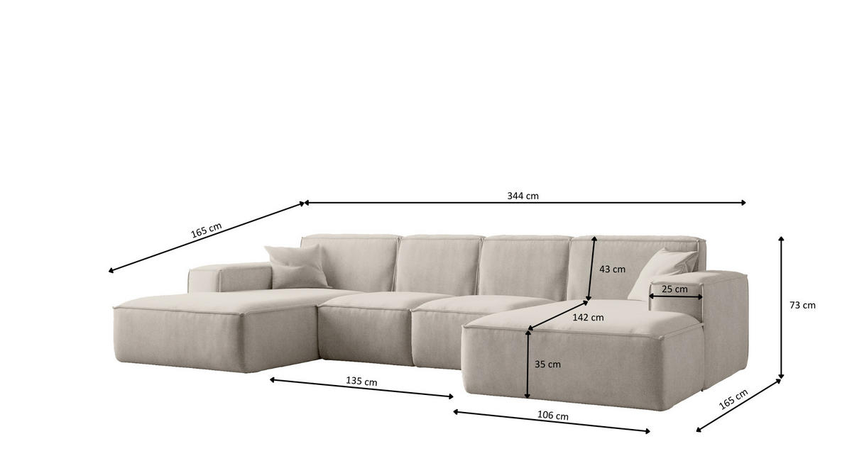 ECKSOFA U-Form Siena, U-förmiges Ecksofa, Stoff Salvador Ecru - Ecru, Holz/Textil (344/165cm) - Kaiser Möbel