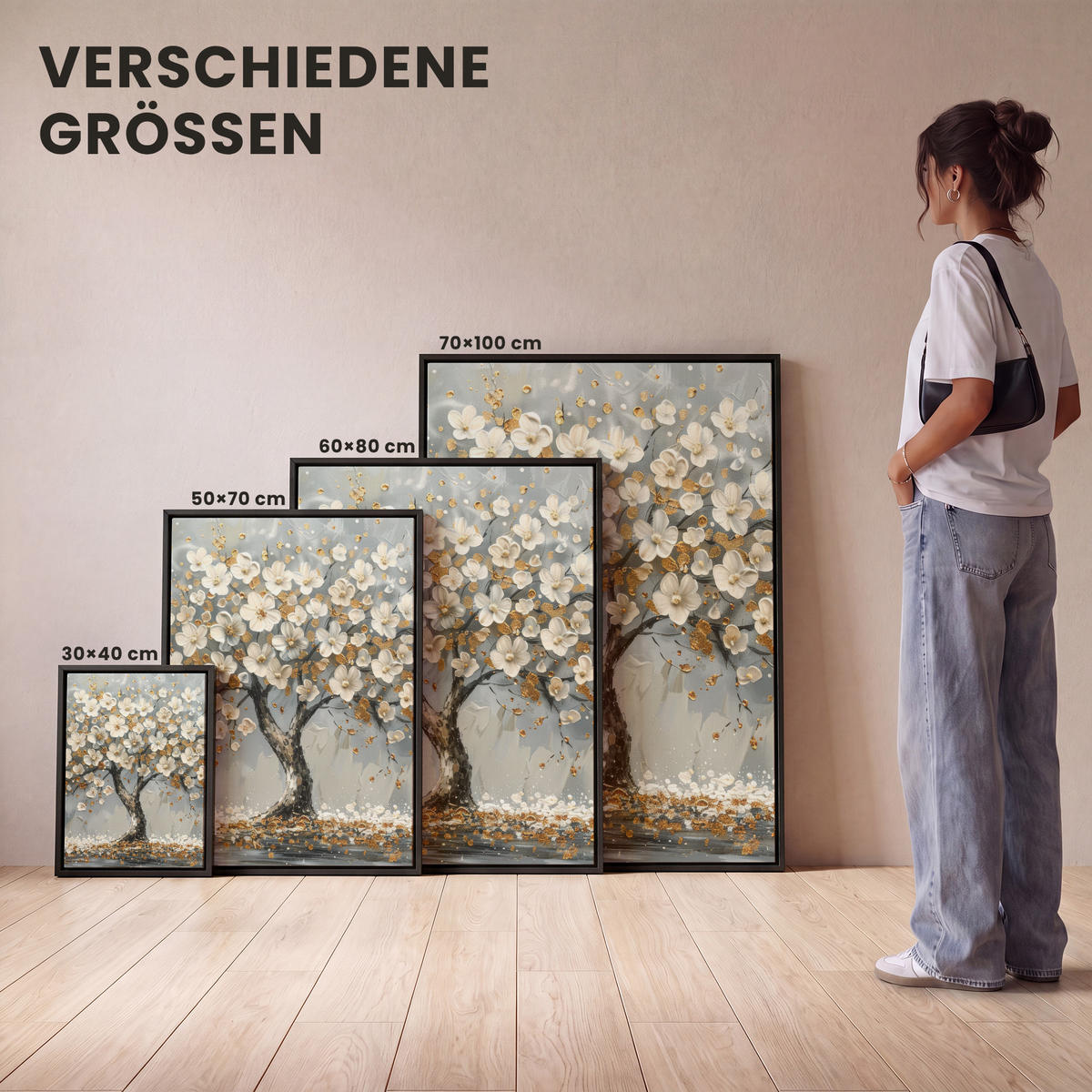 LEINWAND Bilder mit Rahmen - Baum - Blumen - Weiß - Natur - Kunst - 50x70 - Weiß, Textil (50/70cm) - MuchoWow