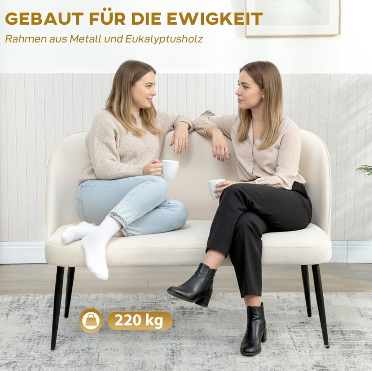 2-SITZER 127/63/84.5 cm Beige aus Metall und Eukalyptusholz mit samtartigem Bezug - Beige, Metall (63/84.5/127cm) - OKMYHOME
