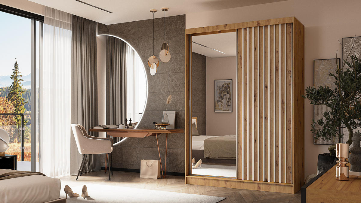 KLEIDERSCHRANK mit Spiegel-Schiebetüren und Aluminium-Leisten - LAMELO - 150 cm Artisan+Artisan+Weiß - Eiche Artisan/Weiß, Holzwerkstoff (150/216/61cm) - ALTDECOR