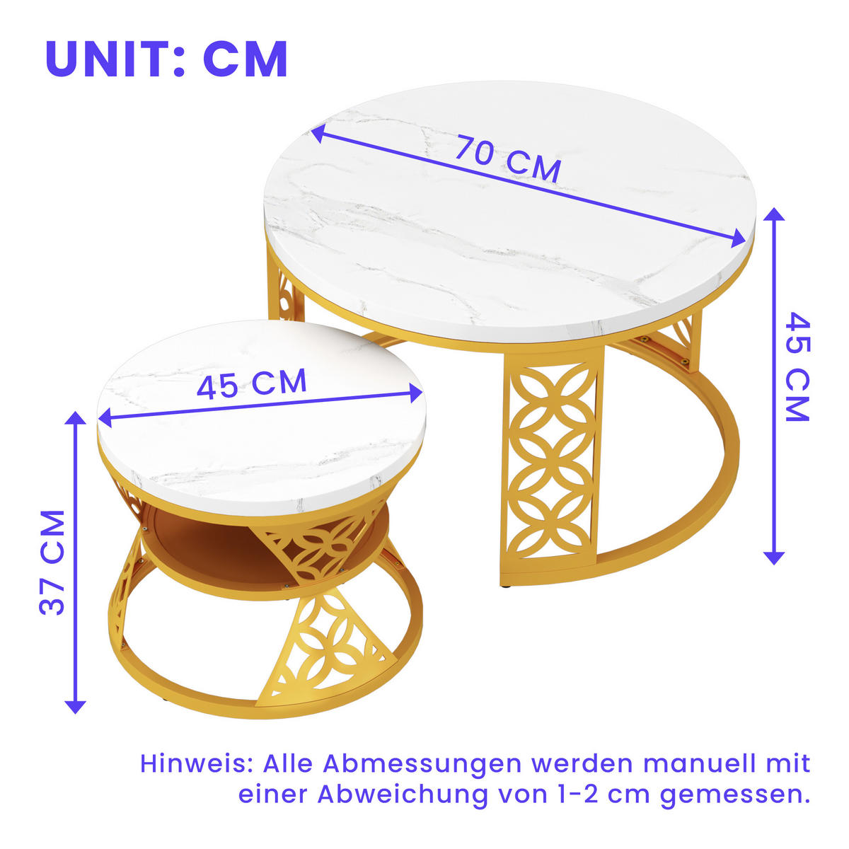 COUCHTISCH Moderner Nesting Satztisch 70/70/45 cm + 45/45/37 cm Kontrastfarbendesign - Weiß, Holzwerkstoff (70/70/45cm) - OKWISH