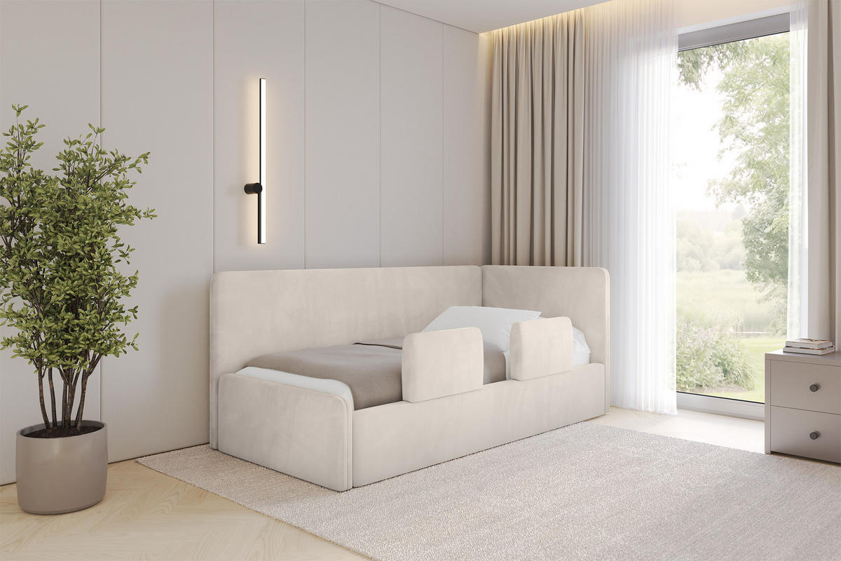 EINZELLBETT Jugendbett mit Bettkasten und Matratze H3/H4, Links - NORY 90x200 Beige - Ecru, Holzwerkstoff/Textil (90/200cm) - ALTDECOR