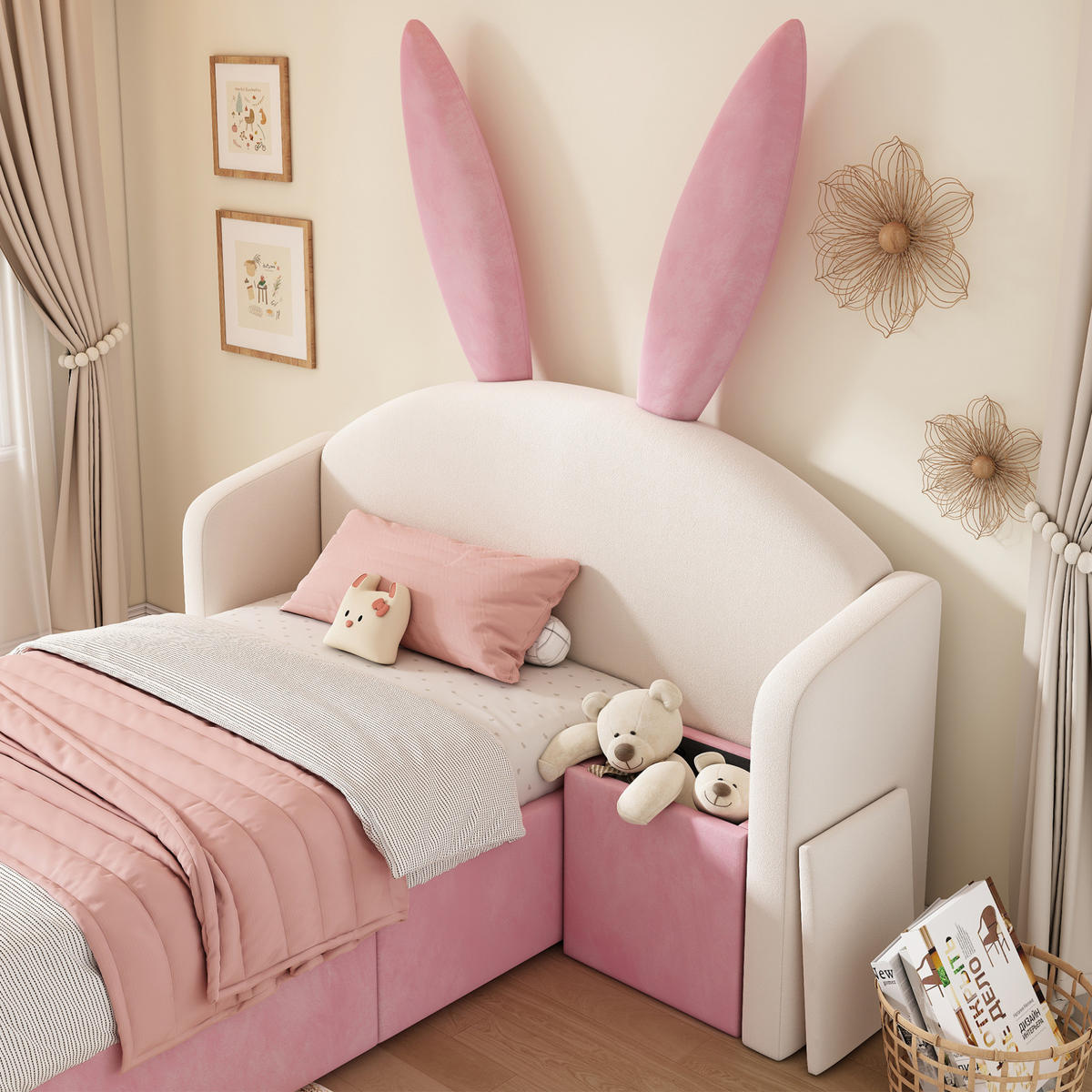 JUGENDBETT 90/200 cm aus Samt mit Stauraum, Nachttisch und Hasenohren-Design Beige/Rosa - Beige, Textil (90/200cm) - Modenvie