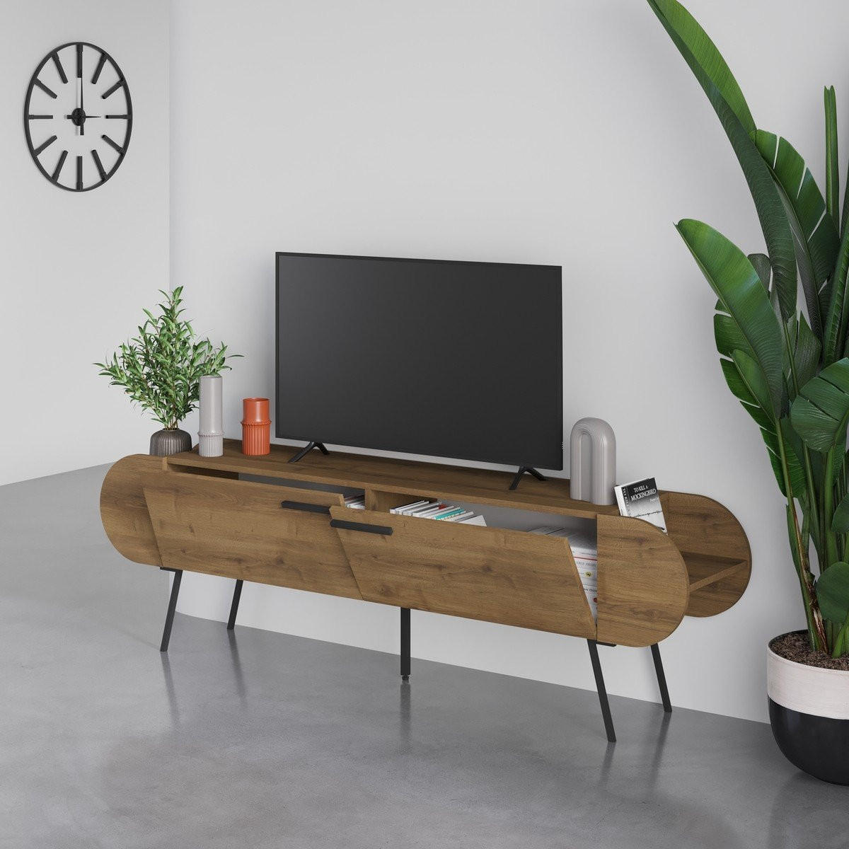 TV stolek SALUSO se 2 dveřmi a kovovými nohami, šířka 194,5 cm - ořechová, kompozitní dřevo (37.6/57.7/194.5cm) - Calicosy