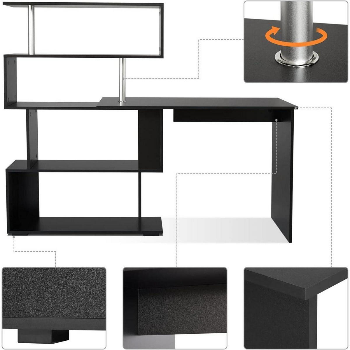 COMPUTERTISCH L-förmig mit drehbarem Bücherregal Schwarz 157 x 45 x 130,5 cm - Schwarz, Holzwerkstoff (45/157/130.5cm)