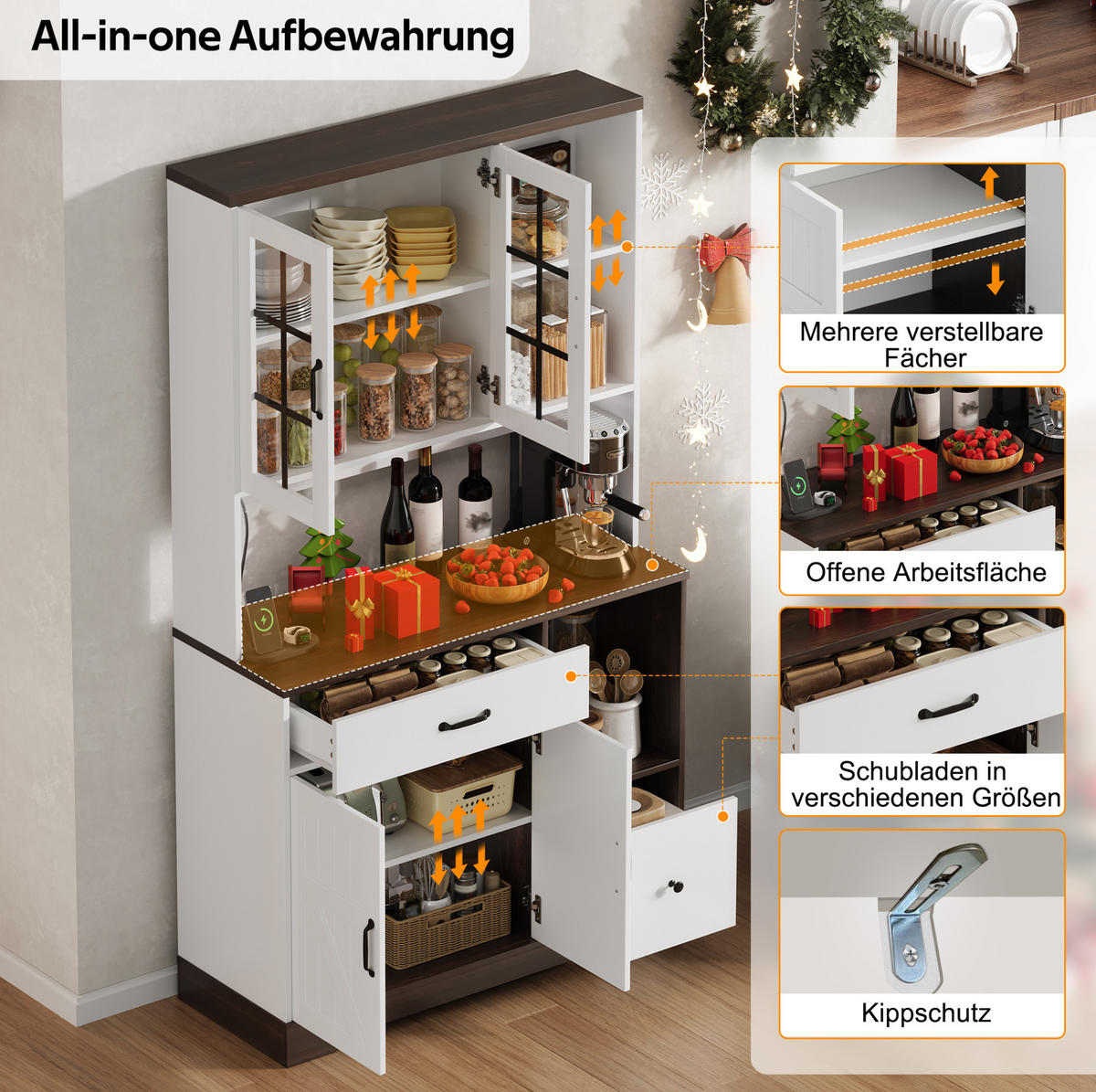 BUFFETSCHRANK aus MDF 105x40x185 cm Natur/Weiß mit LED-Beleuchtung, Steckdosenmodul und verstellbaren Einlegeböden - Naturfarben, Holzwerkstoff (105/185/40cm) - Modfu