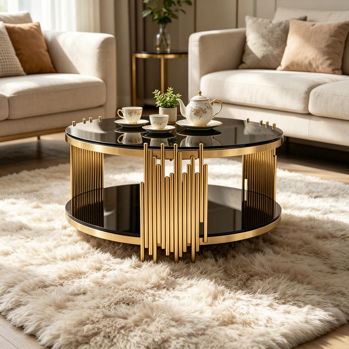 COUCHTISCH mit Doppelglas, gehärteter Glasplatte & Stahlbasis Schwarz - Goldfarben/Schwarz, Glas/Holzwerkstoff (80/80/45cm) - EVRYAE