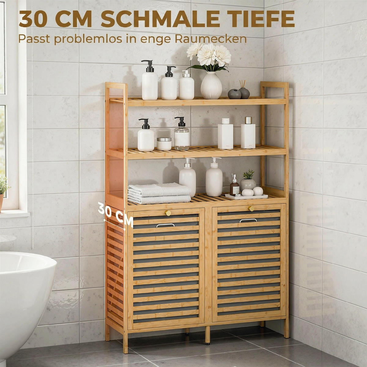 WÄSCHESCHRANK Bambus Vliesstoff Eiche - Eichefarben/Goldfarben, Naturmaterialien/Holz (30/118/80cm) - HOMCOM