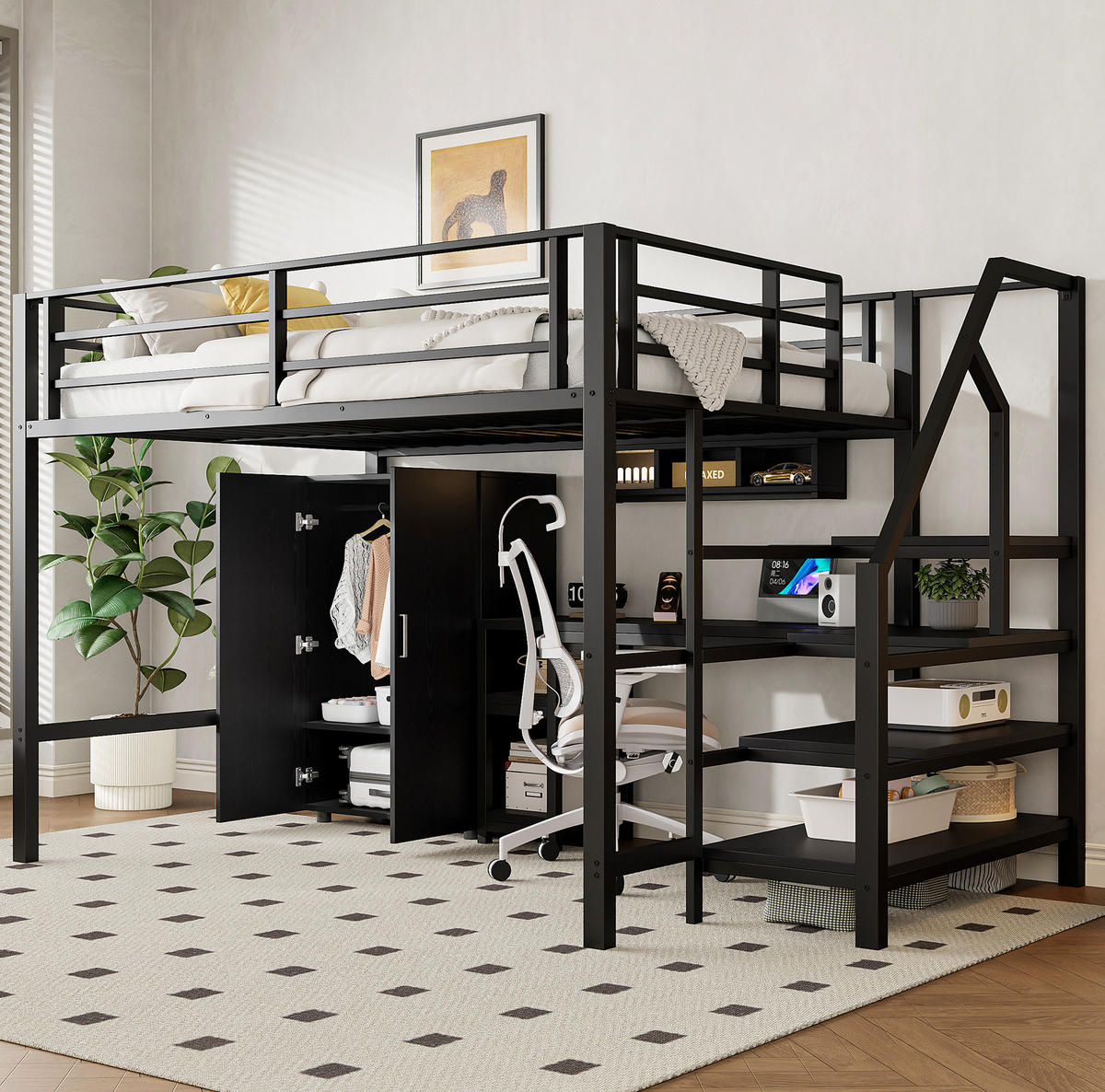HOCHBETT 140/200 cm Schwarz aus Metall und MDF mit Schreibtisch - Schwarz, Metall (140/200cm) - OKMYHOME