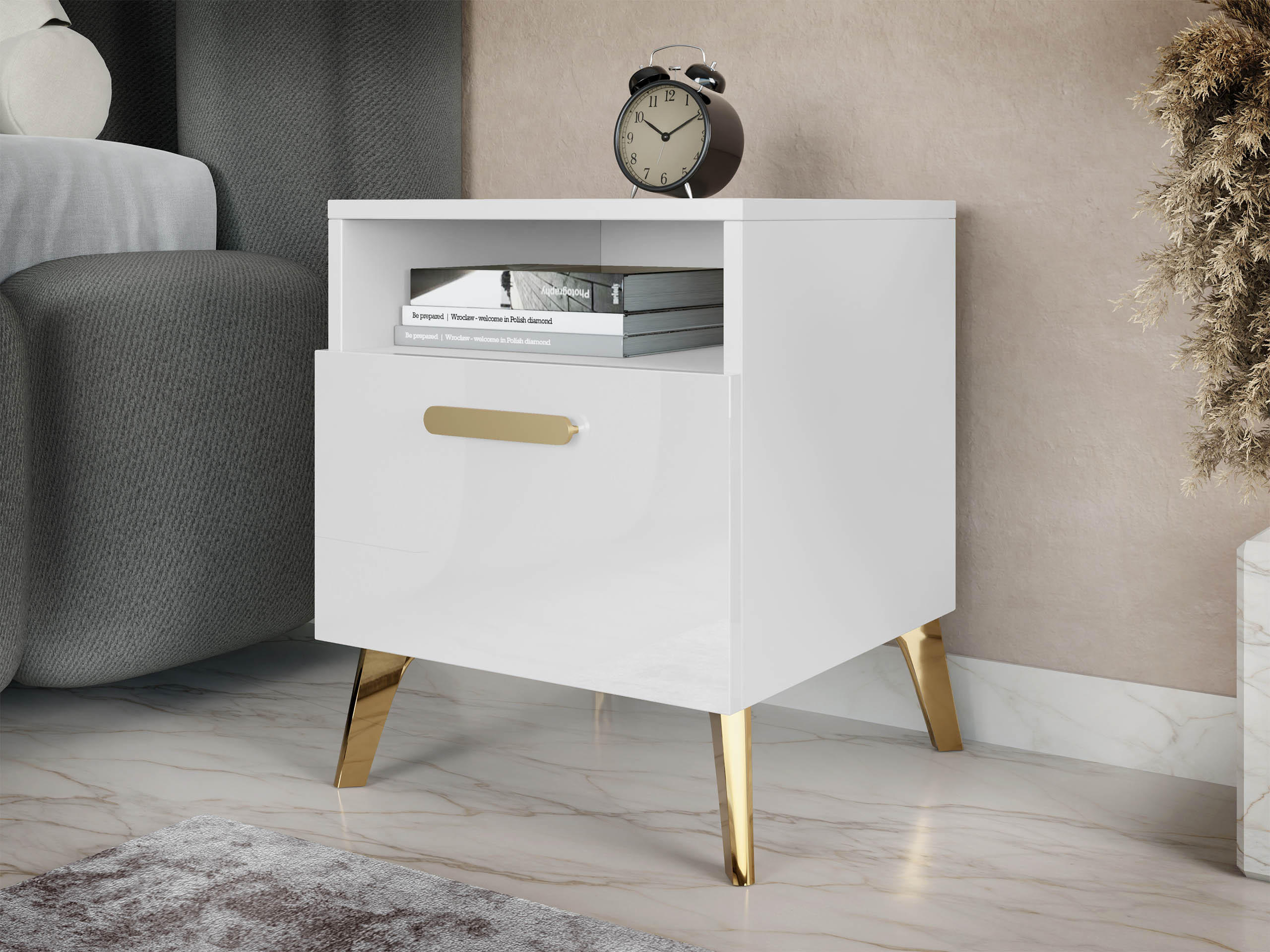 NACHTTISCH Picru 1SZ - Goldfarben/Weiß, Holzwerkstoff/Kunststoff (40/47/38cm) - MIRJAN24