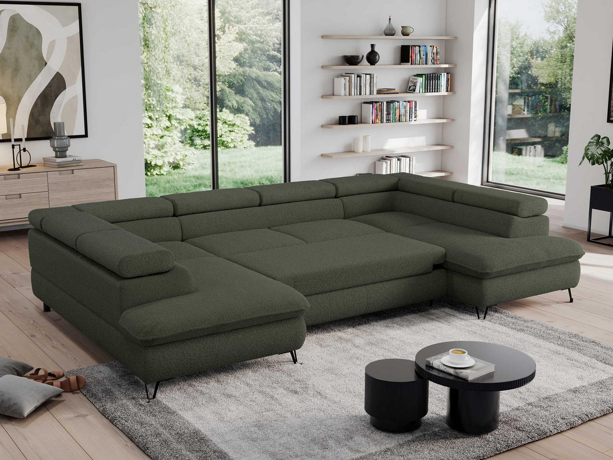 WOHNLANDSCHAFT PEDRO U Boucle Grün - Schwarz/Grün, Textil/Metall (346/76/208cm) - MKS