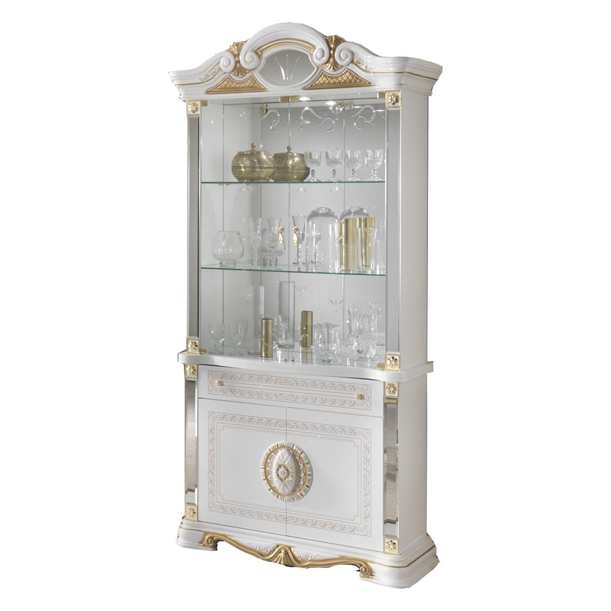 VITRINE BELLA in Weiß/Gold 4-Türig - Weiß Hochglanz/Goldfarben, Glas/Holzwerkstoff (105/213/50cm) - Interdesign24