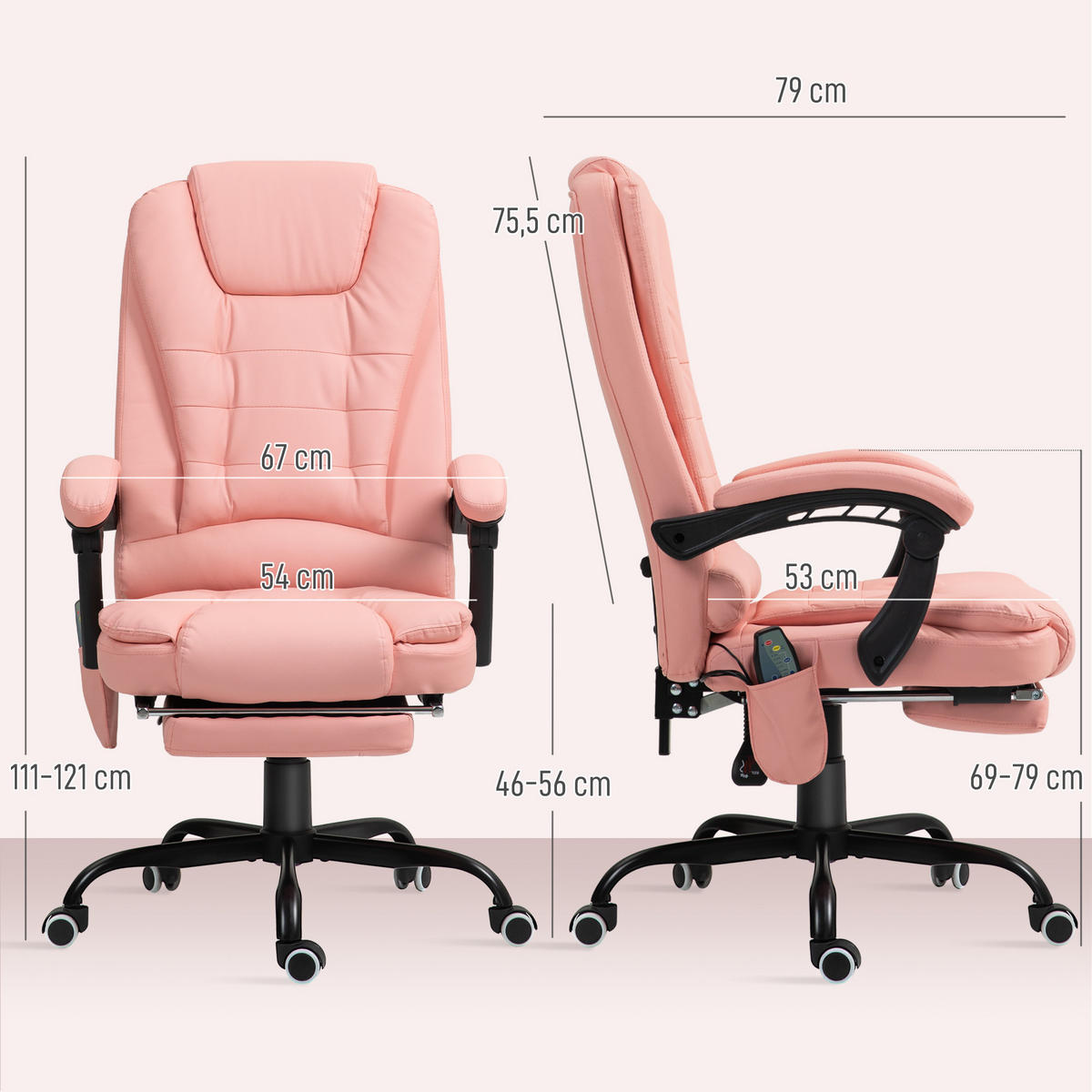 BÜROSTUHL mit 7 Punkt Massage, ergonomischer Gaming Sessel mit Liegefunktion - Schwarz/Rosa, Kunststoff/Metall (67/121/79cm) - Vinsetto
