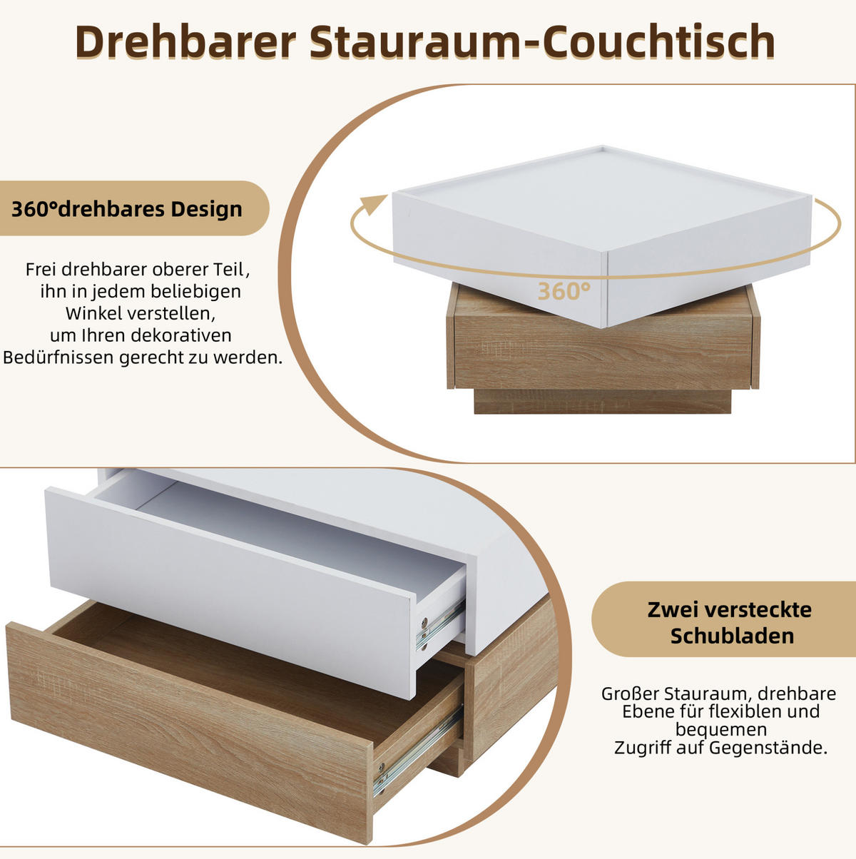 COUCHTISCH aus Spanplatte 60x60x38 cm in Weiß mit 360° Drehfunktion - Weiß, Holzwerkstoff (60/60/38cm) - Modfu