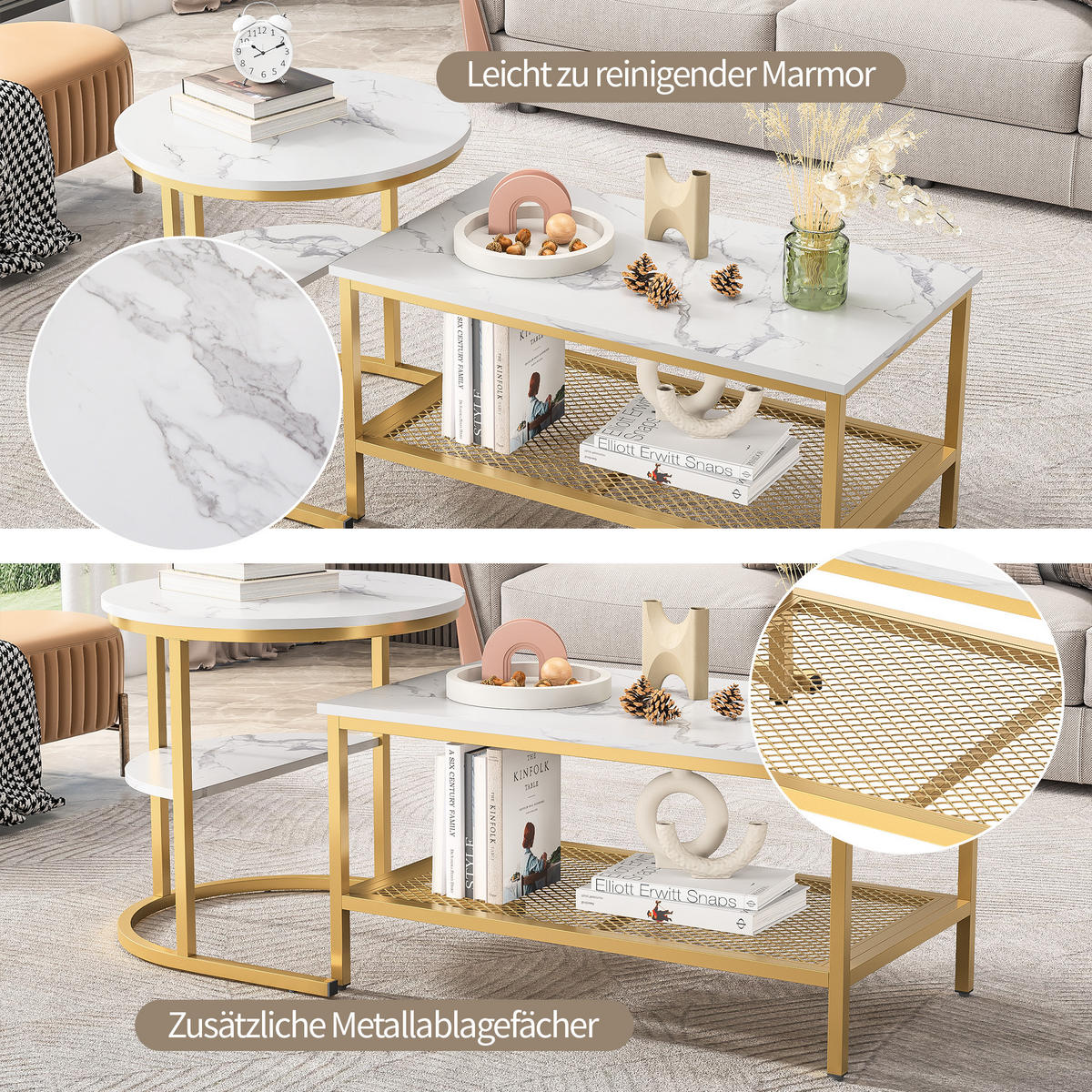 COUCHTISCH 2er SET, Weiß + Golden - Goldfarben/Weiß, Metall (80/46/41cm)