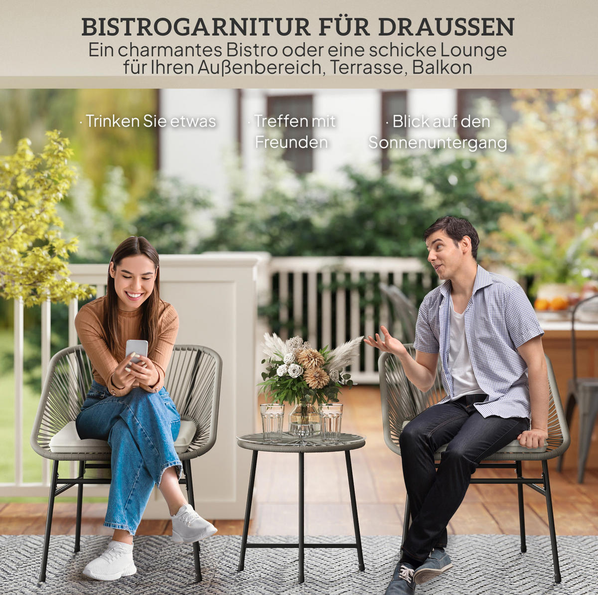 BALKONSET aus Rattan 3-teilig 45x45x46cm dunkelgrau mit Sitzkissen - Dunkelgrau, Naturmaterialen - Modfu