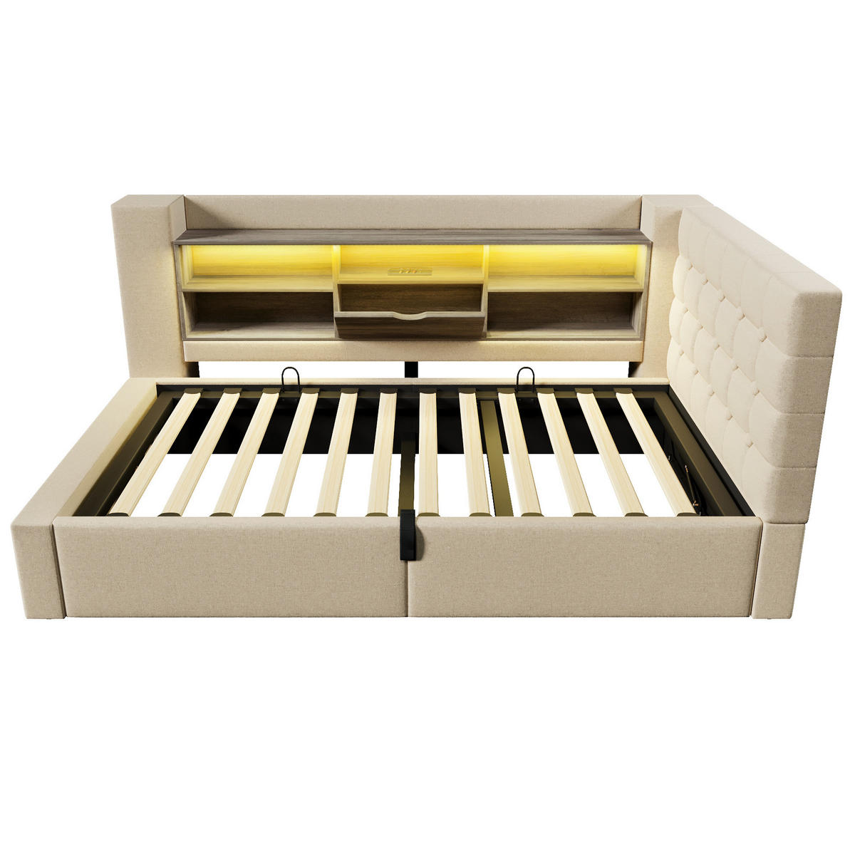 POLSTERBETT 90/200 cm Beige aus Leinen mit LED und Stauraum - Beige, Textil (90/200cm) - OKWISH