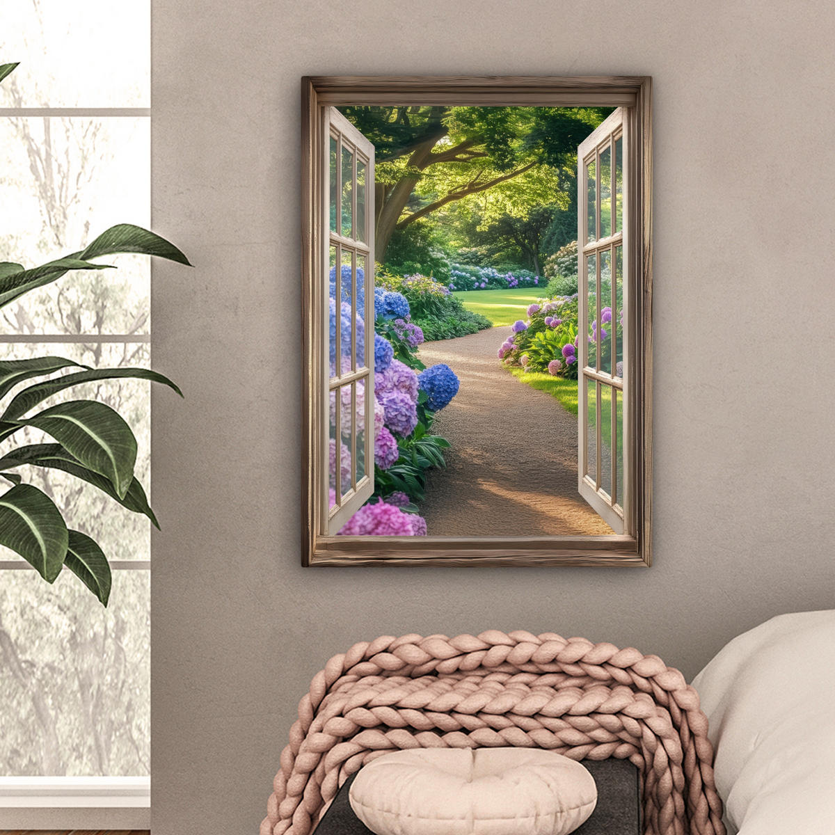 LEINWANDBILD Aussicht - Garten - Fenster - Hortensie - Blumen 60x80 cm - Pastellblau, Textil (60/80cm) - MuchoWow