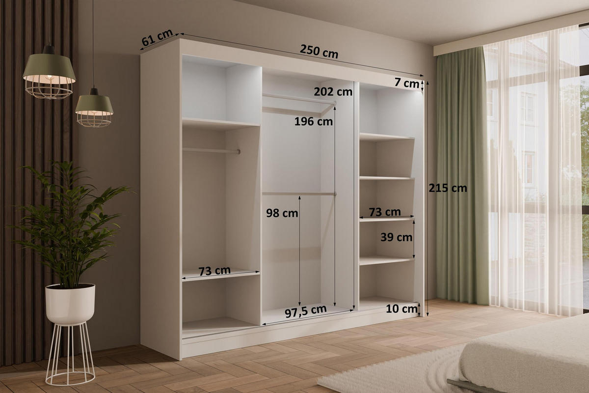 KLEIDERSCHRANK PEKA III mit LED - 250 cm - Weiß|Grau - Weiß/Grau, Holzwerkstoff (250/215/61cm) - ALTDECOR