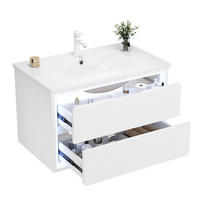 ZÁVĚSNÁ koupelnová skříňka z MDF 76x46x48,5 cm bílá s keramickým umyvadlem, LED senzorovým osvětlením a 2 zásuvkami - bílá, kompozitní dřevo (76/58.5/46cm) - Modfu