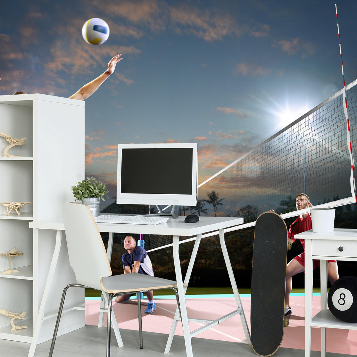 FOTOTAPETA Pre Študentskú Izbu Volejbal Pláž Trópy Zápas Hráč Palmy 250 x 175 cm - oranžová/čierna, papier (250/175cm) - Muralo