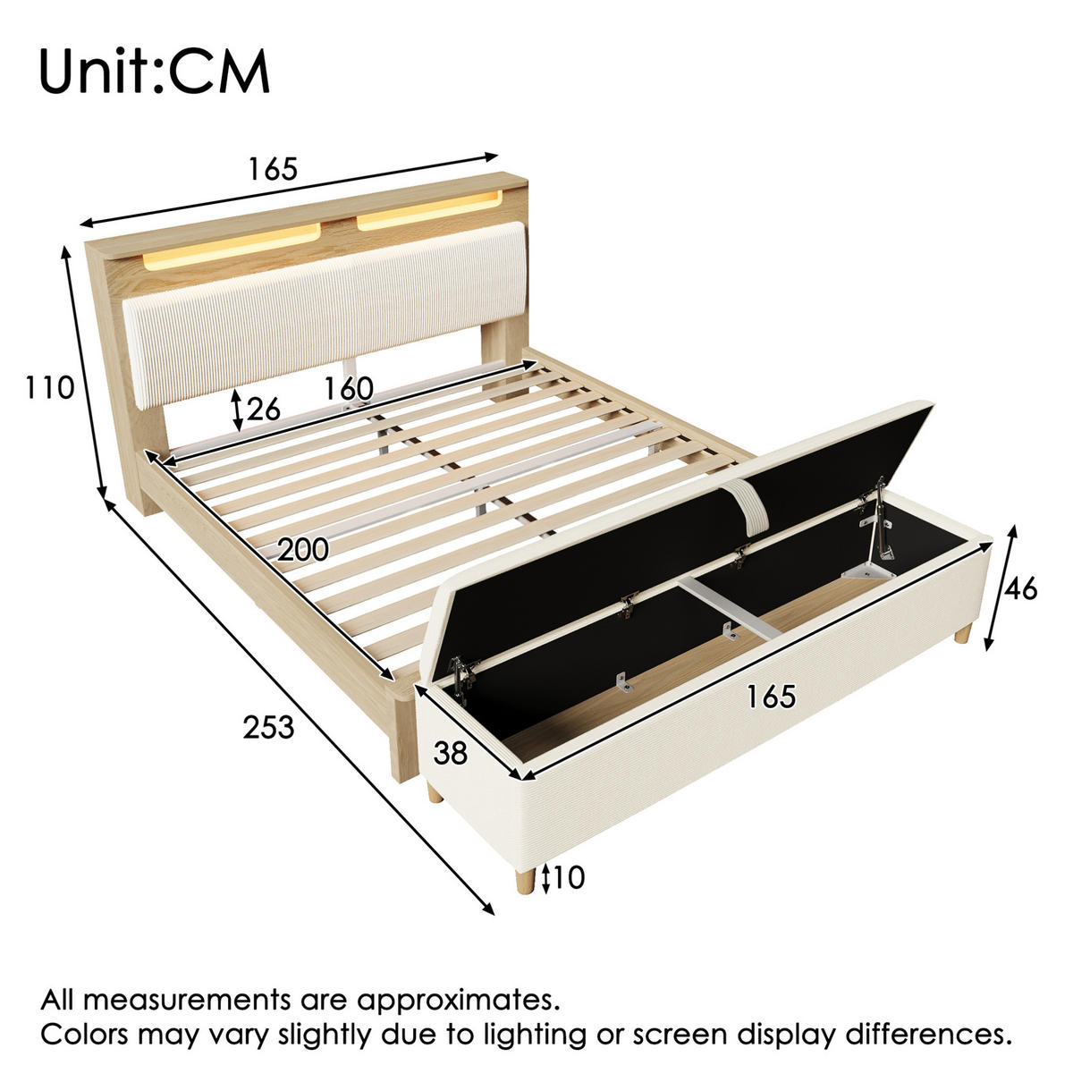 POLSTERBETT 160/200 cm mit LED-Beleuchtung, Matratze Stauraumkopfteil und Bettbank, Eichefarben/Beige - Beige, Holzwerkstoff (160/200cm) - Redom