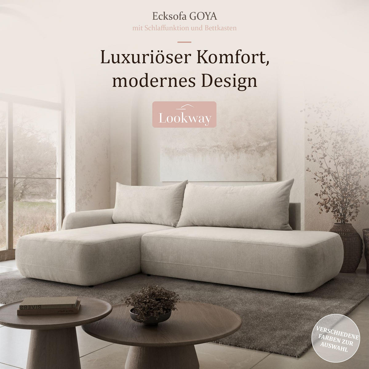 ECKSOFA GOYA mit Schlaffunktion und Bettkasten, Rechte, Perfect Harmony 04 - Ecru, Textil (302/184cm) - Lookway