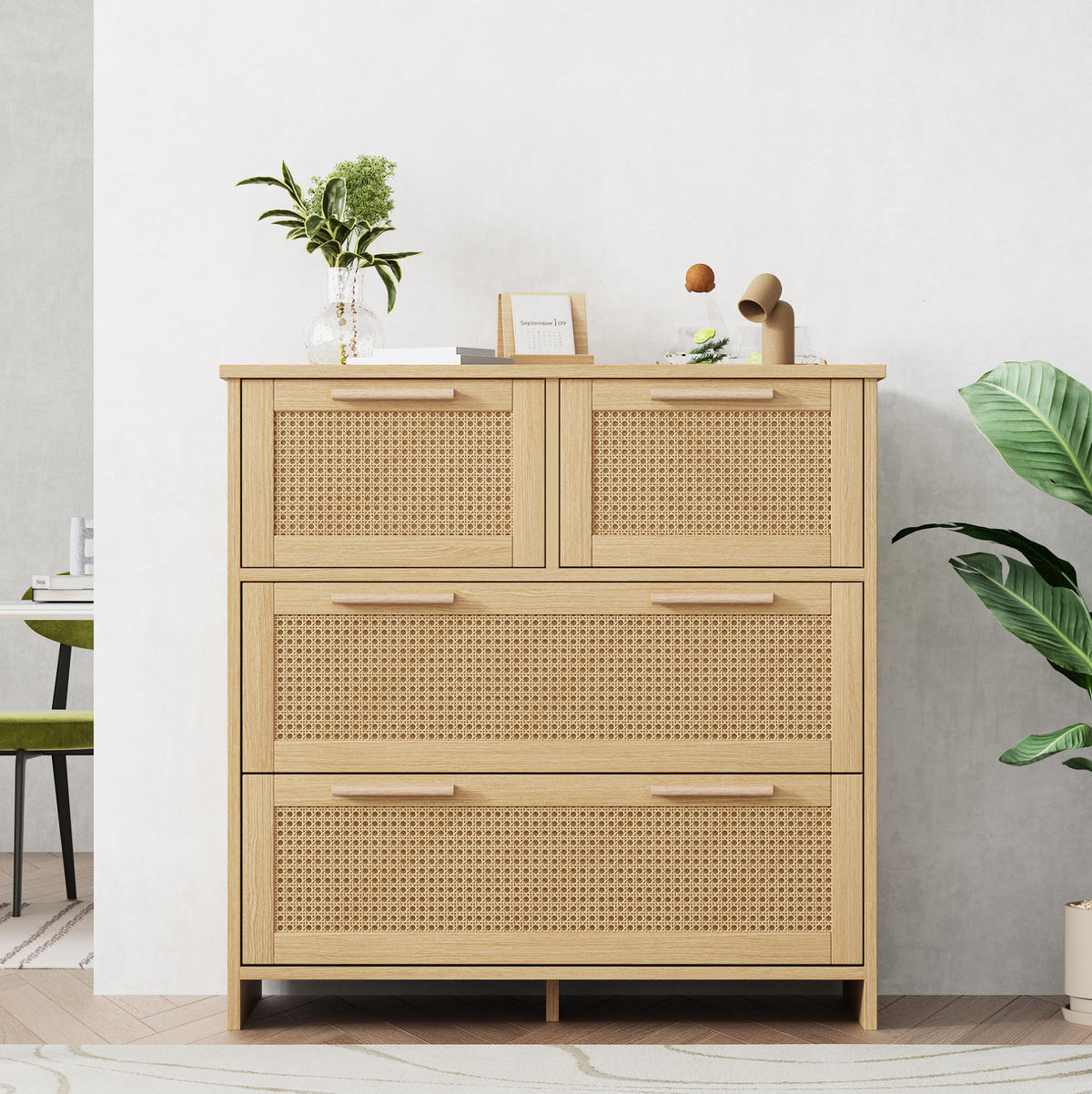 KOMMODE 80/38/80 cm mit 4 Schubladen und Rattanfronten - Naturfarben, Holzwerkstoff (38/80/80cm) - BEAOK