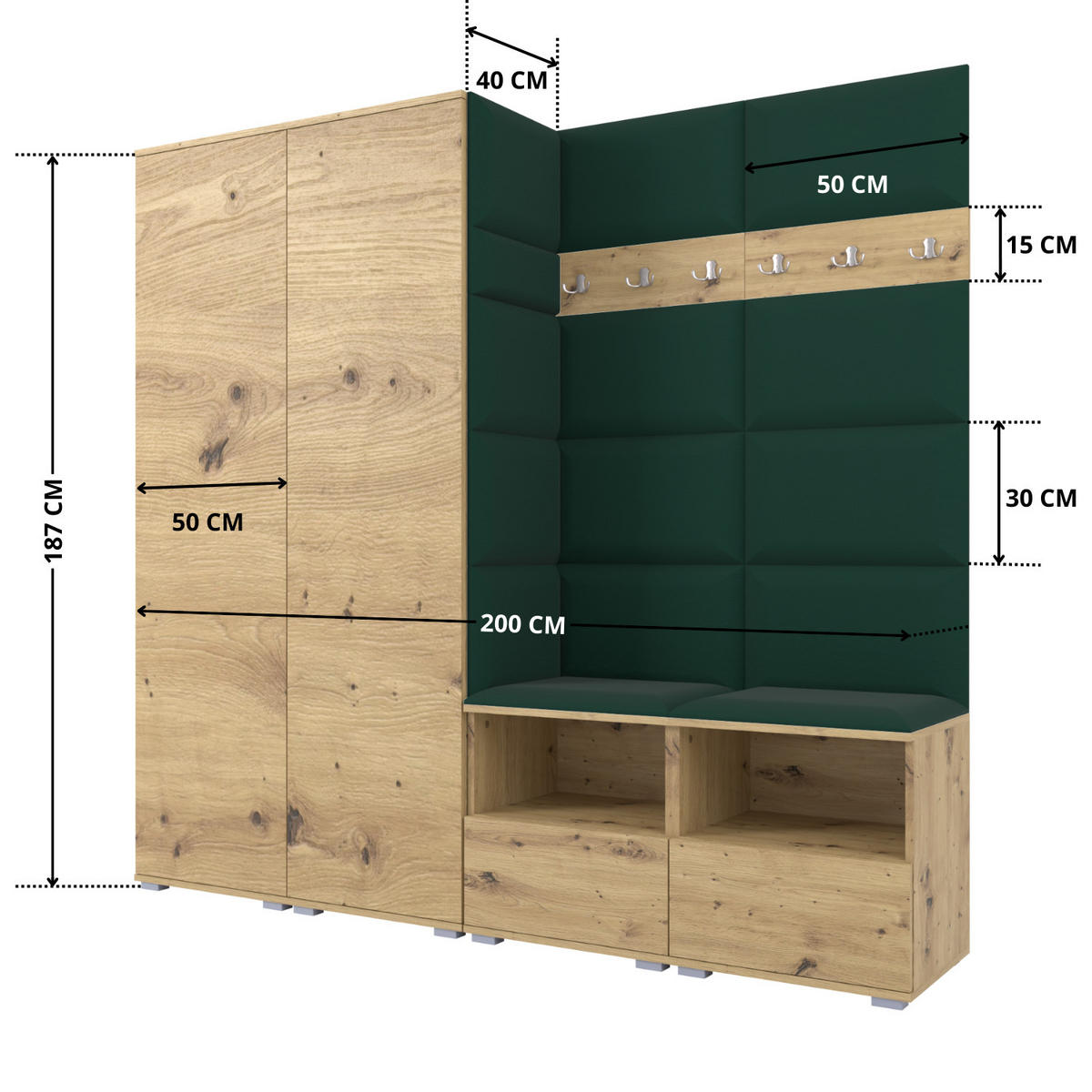 GARDEROBE NELA VI 200 cm (Kompaktgarderobe Artisan Eiche mit Sitzpolster Flaschengrün 28 Schrank & Paneel) - Dunkelgrün/Silberfarben, Holz/Holzwerkstoff (200/187/40cm) - Ravio