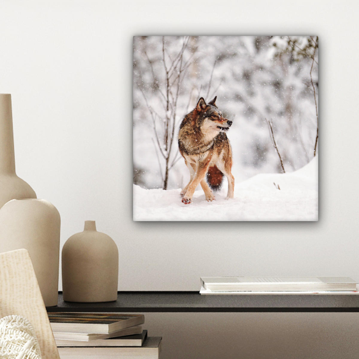 LEINWANDBILD Wolf - Winter - Schnee - Natur - Tiere Deko Wohnzimmer 20x20 cm - Haselnussfarben, Textil (20/20cm) - MuchoWow