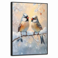 LEINWAND Bilder mit Rahmen - Vögel - Zweig - Winter - Schnee - 70x100 - Pastellblau, Textil (70/100cm) - MuchoWow