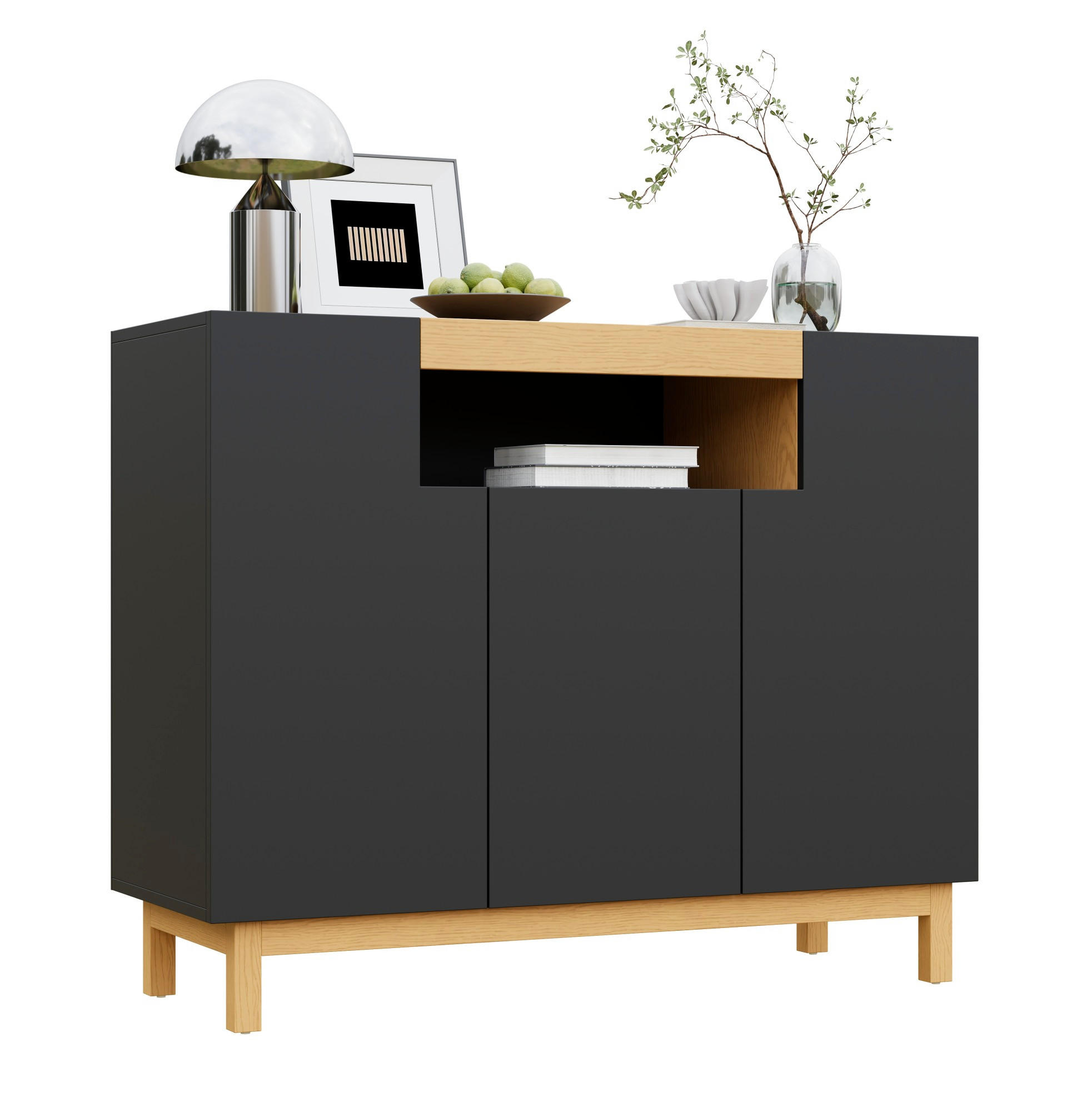 SIDEBOARD 120,5/42/96 cm aus Spanplatte mit 3 Türen und offenem Mittelfach Schwarz - Schwarz, Holzwerkstoff (120.5/96/42cm) - Modenvie