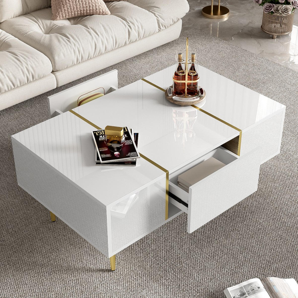 COUCHTISCH in Weiß mit 2 Schubladen und Hochglanz - Weiß, Holz (100/60/41.5cm) - KOMHTOM