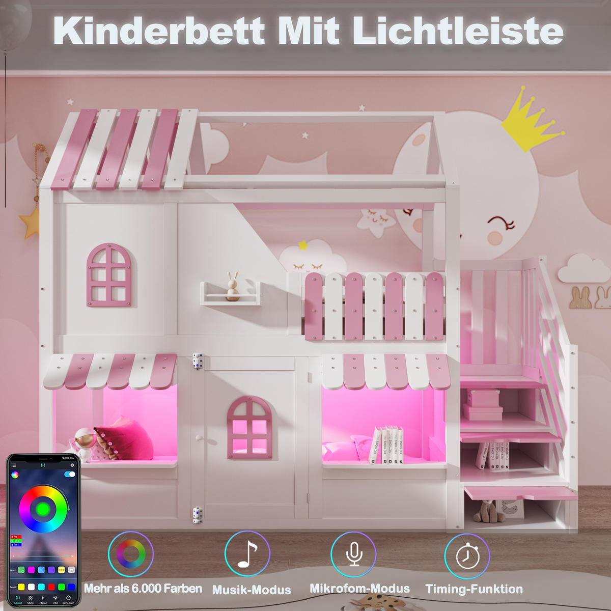 ETAGENBETT 90x200cm Kinderbett Hausdesign Fenster LED Rosa Weiß - Pink, Holz (90/200cm) - FLIEKS