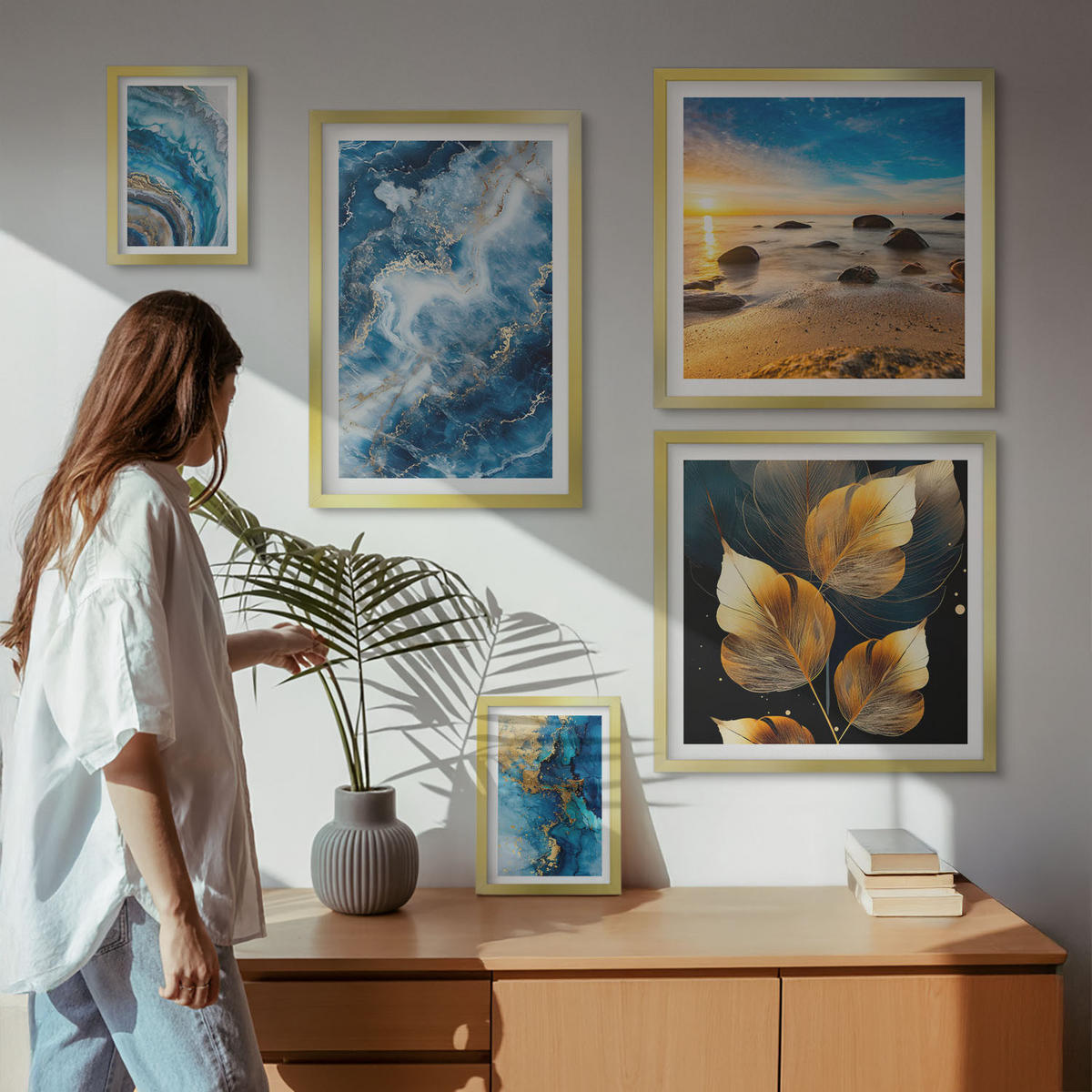 WANDBILDER 5er Set - 50x50 cm & 20x30 cm & 40x60 cm Goldrahmen - Porträt einer Frau, Auge, Farben, Emotionen - Goldfarben, Kunststoff (40/60cm) - ArtPrintCave