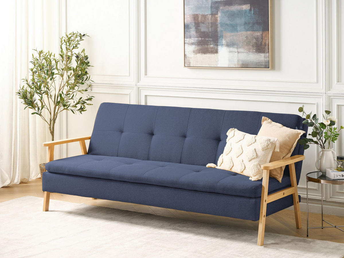 3-SITZER-SCHLAFSOFA marineblau Tjorn - Hellbraun/Blau, Textil (204/84/67cm) - Beliani