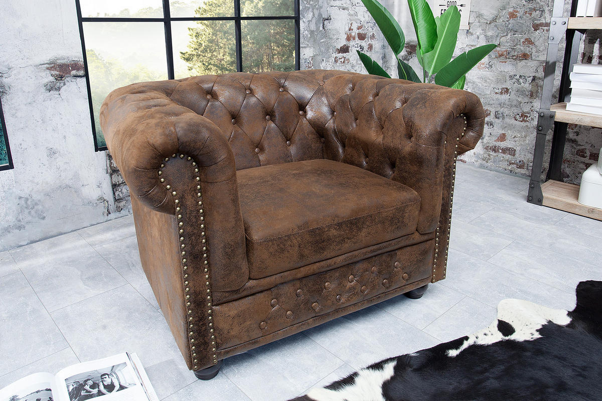 SESSEL CHESTERFIELD Microfaser Braun 110 cm - Dunkelbraun/Braun, Holz/Textil (110/73/85cm) - riess-ambiente