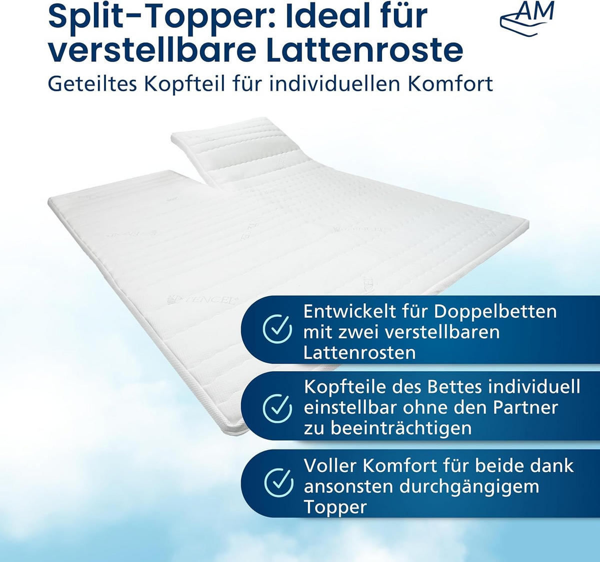 DĚLENÁ VRCHNÍ DESKA Gelová pěna 160/200 cm - výška 6 cm - bílá, textil (160/200cm) - AM Qualitätsmatratzen
