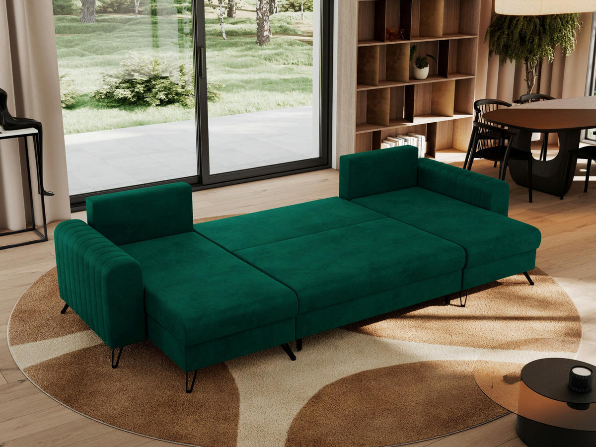 WOHNLANDSCHAFT AXEL U Velvet Dunkelgrün - Schwarz/Grün, Textil/Metall (312/90/140cm) - MKS