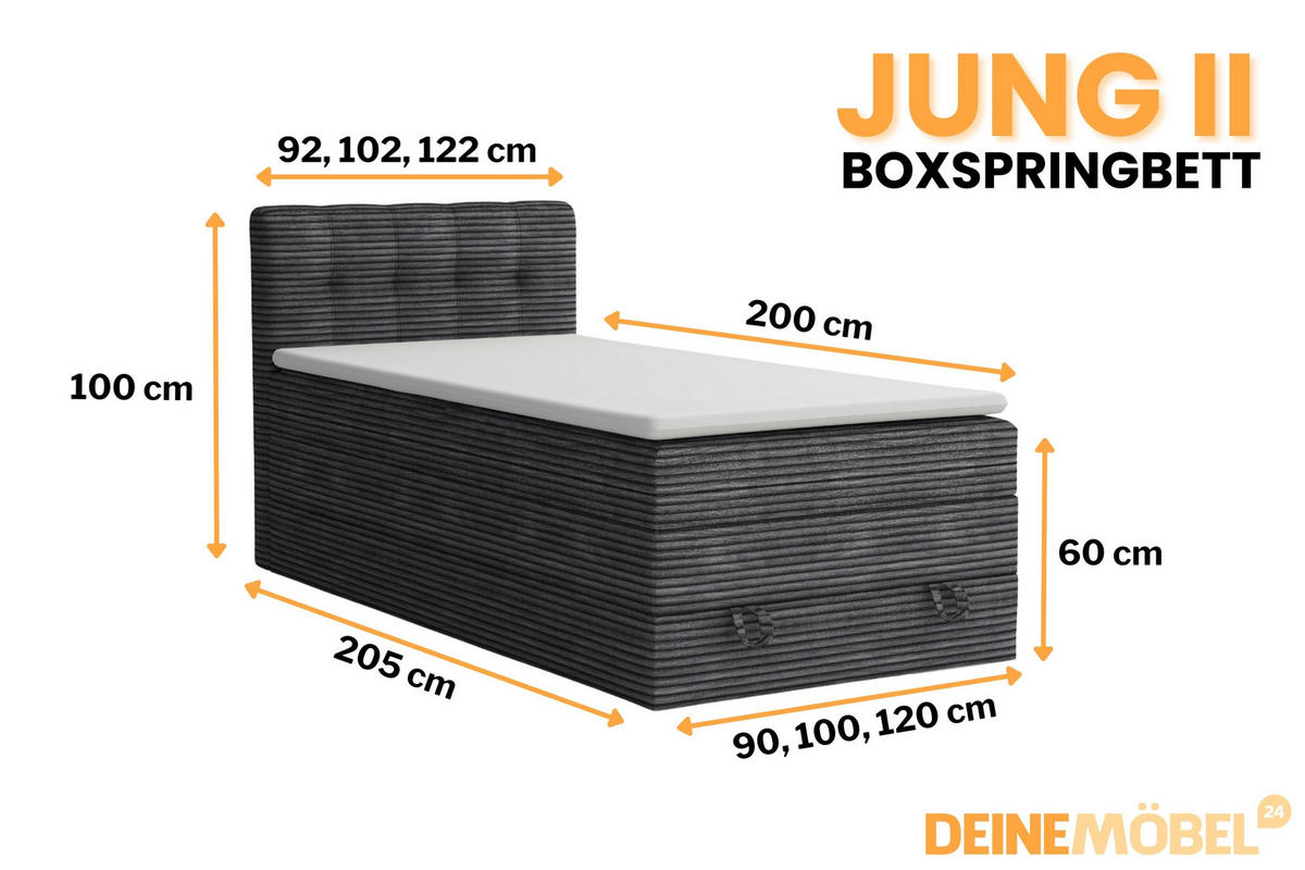 BOXSPRINGBETT JUNG 2 100/200 Cord Anthrazit mit Matratzen H3 + H4 - Anthrazit, Holz/Holzwerkstoff (100/200cm) - Deine Möbel 24