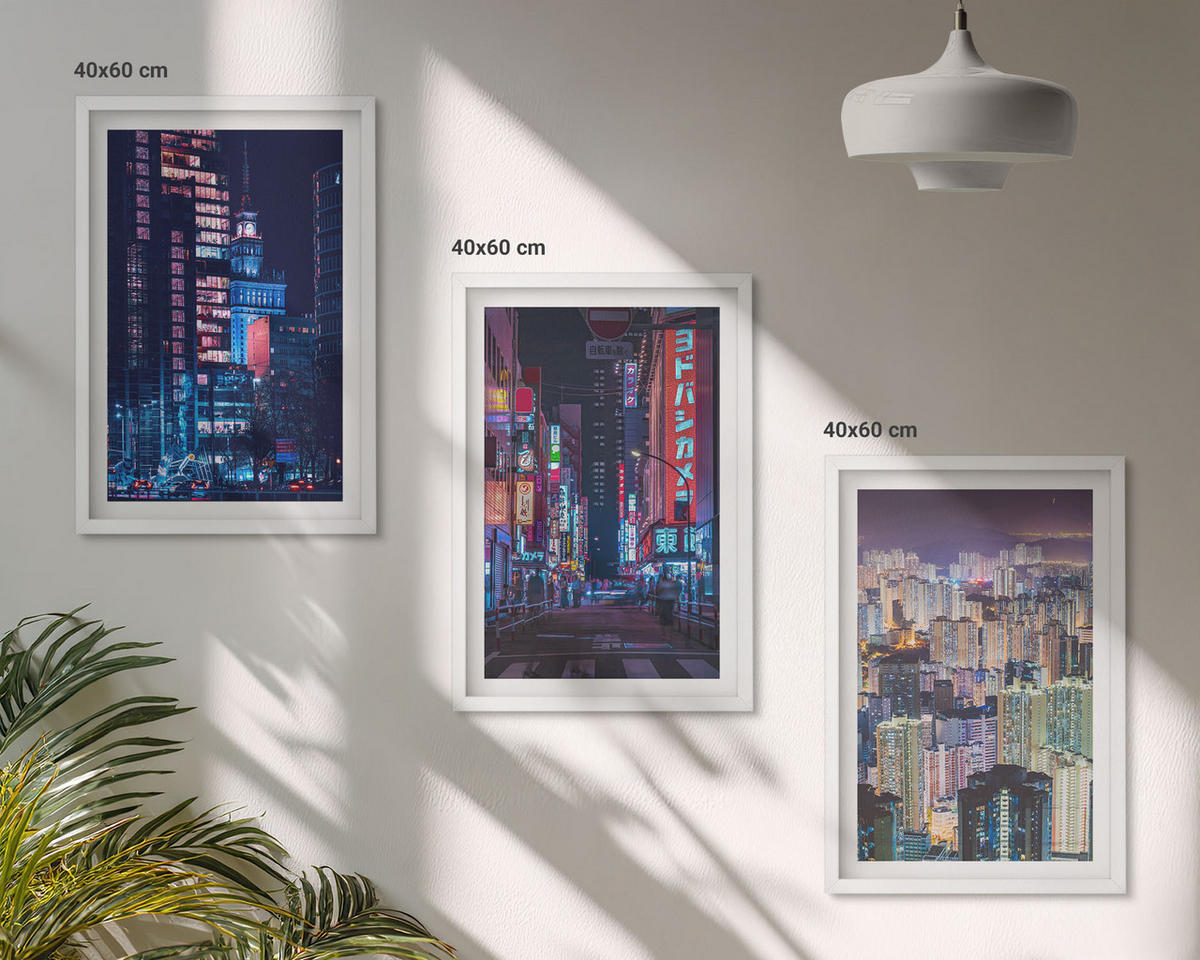 WANDBILDER 3er-Set - 40x60 cm Weißer Rahmen - Neonlichter der nächtlichen Stadt - Weiß, Kunststoff (40/60cm) - ArtPrintCave