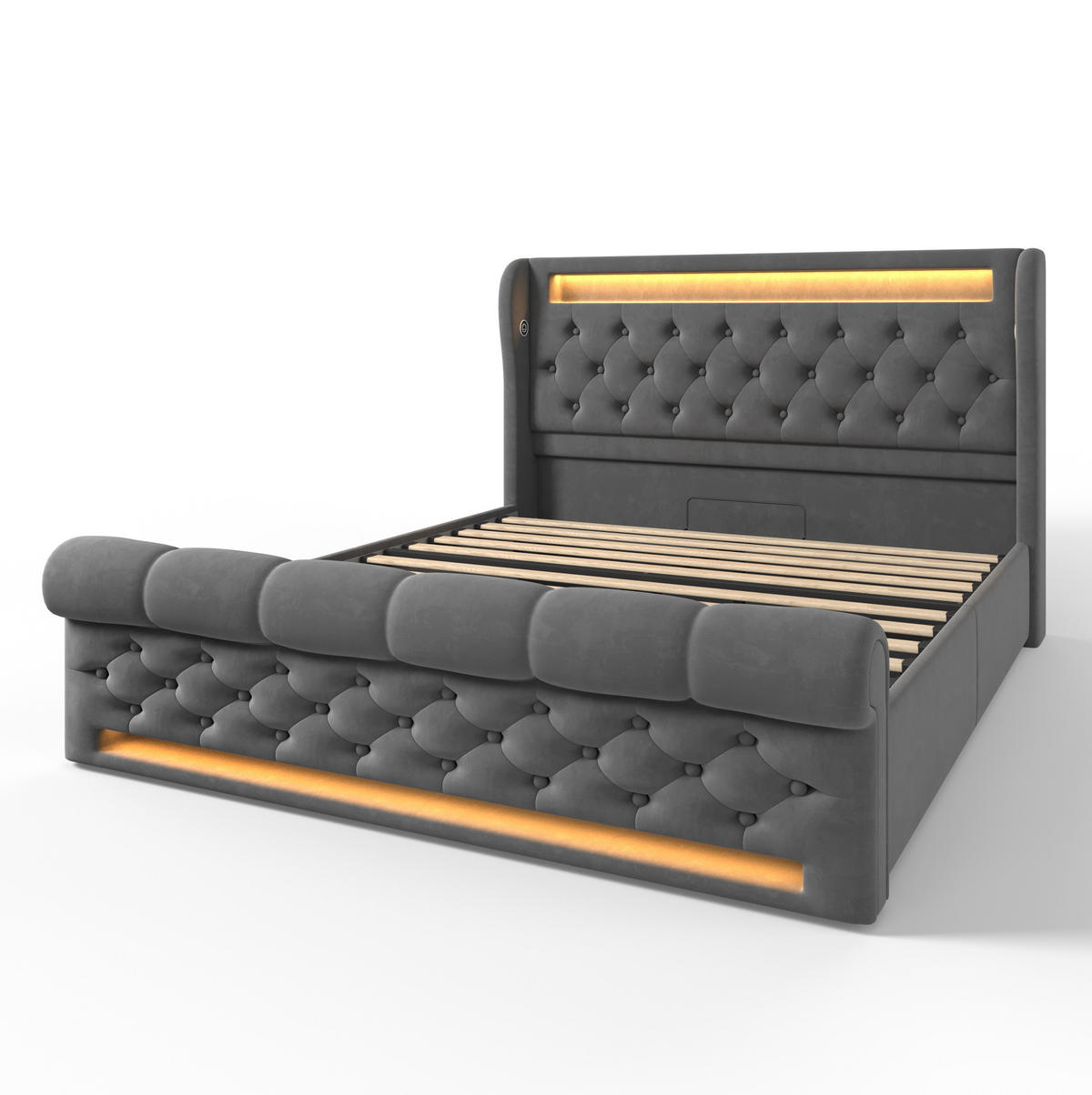 POLSTERBETT aus Samt 140x200 cm Grau mit LED-Beleuchtung, USB-C-Ladestation und hydraulischem Bettkasten - Grau, Textil (140/200cm) - IVMEU