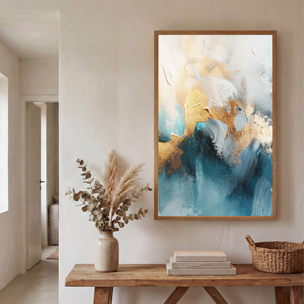 NÁSTĚNNÁ LAMPA S AKUMULÁTOREM Abstraktní - umění - zlatá - modrá 60x90 cm - tyrkysová, kompozitní dřevo (60/90/8cm) - OnlyWow