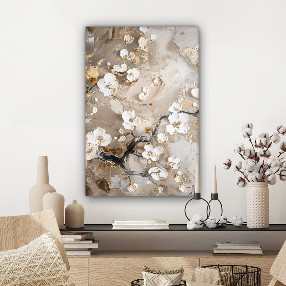 LEINWANDBILD - Blumen - Weiß - Gold - Beige - Luxus - 60x90 - Kunstdruck - Greige, Textil (60/90cm) - MuchoWow