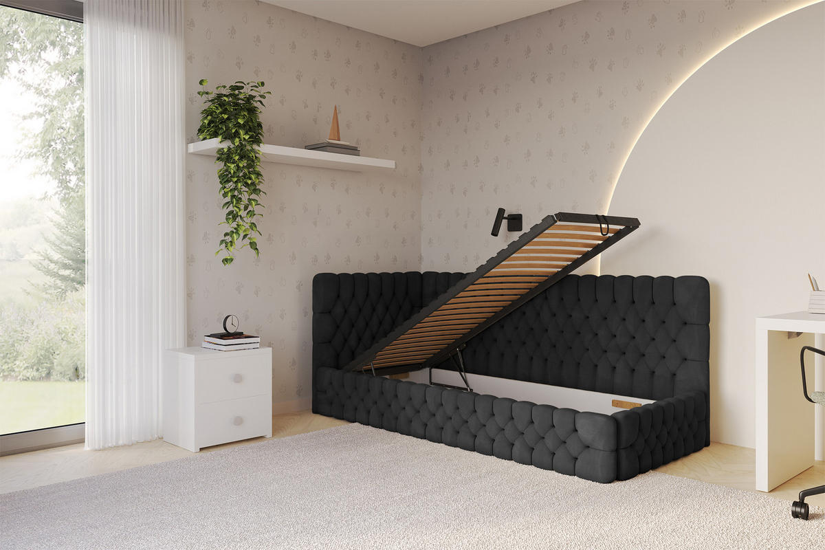 EINZELLBETT Jugendbett mit Bettkasten und Matratze H3/H4, Rechts - MULY 100x200 Schwarz - Anthrazit, Holzwerkstoff/Textil (100/200cm) - ALTDECOR