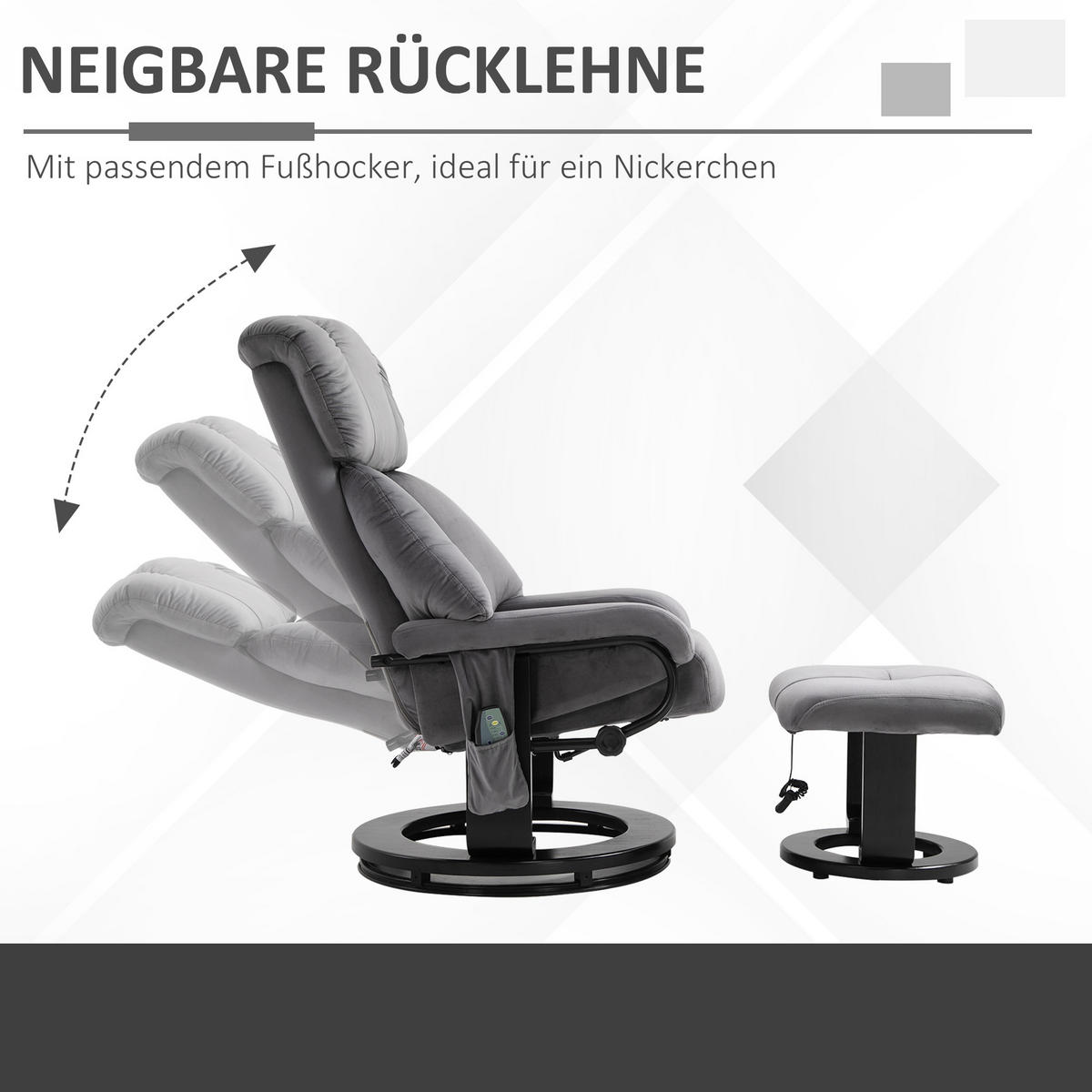 MASSAGESESSEL inkl. Hocker Fernsehsessel drehbar Relaxsessel Samt-Touch Grau - Schwarz/Grau, Textil/Metall (80/102/76cm) - HOMCOM