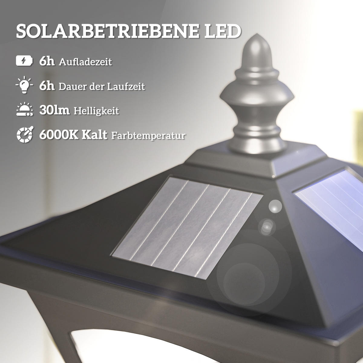 SOLAR Laterne mit LED Gartenlaterne Wegleuchte 30 Lumen H120cm Schwarz - Schwarz, Kunststoff (15/15/120cm) - Outsunny